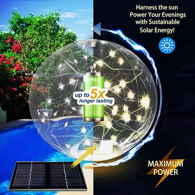 Solar Floating Pool Lights Auto-On at Night - 14" Inflatable Waterproof Glow Pool Balls, 3000K Warm-White Solar Powered, Atmosphere-Boosting for Party