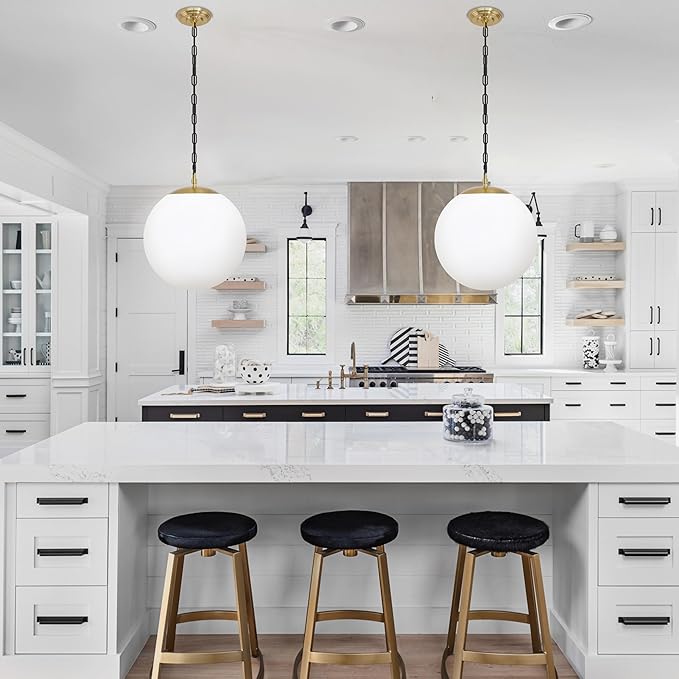 KoKo&Yukina 13.7" Gold Globe Pendant Light Mid Century Pendant Light Milk Glass Pendant Lights Kitchen Island Adjustable Hanging Light Fixture for Dining Room Bedroom Kitchen Islan