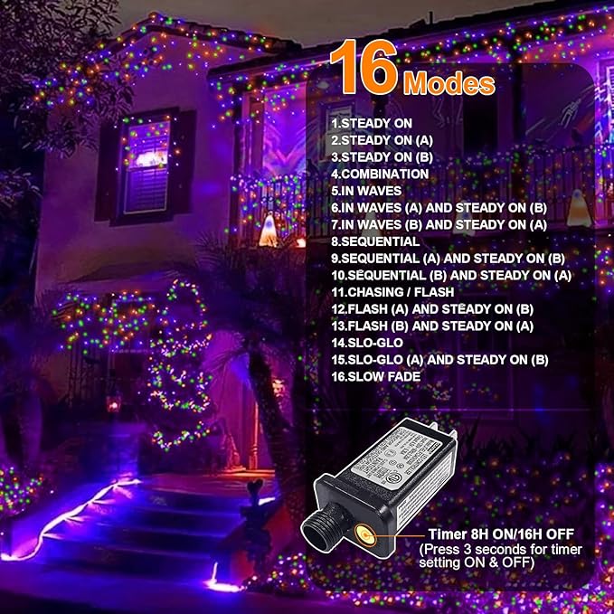 LAMPHOME Orange Purple Green Halloween String Lights Outdoor, 32.5FT 100 LED Waterproof Christmas Lights with 16 Lighting Modes for Halloween Garden Party Christmas Xmas Tree Lights Decor