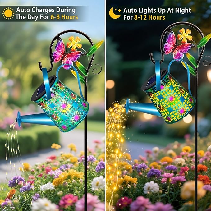 2 Pack Solar Lights Outdoor Decorative, Blue Metal Solar Watering Can Lights Waterproof, Gifts for Women Mom Grandma Birthday, Hanging Lanterns Decoration Garden Decor for Outside Yard Patio Lawn