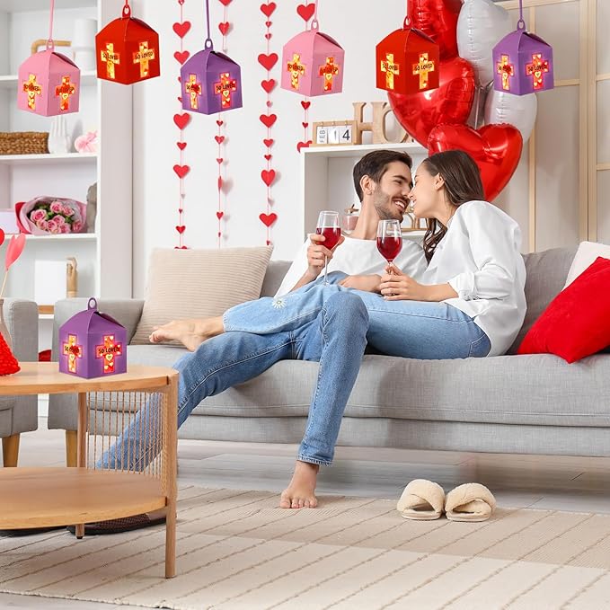 12 Sets Religious Valentine's Day Crafts with LED Candlelight Valentine's Day Cross Tissue Paper Crafts Kits DIY Cross Suncatchers Lanterns Hanging for Sunday School Christian Decoration