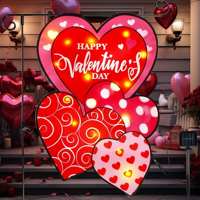 VIHOSE Valentine Garden Flag, 12 x 18 Inch Double Sided Solar Powered LED Heart Flag with Lighting 8 Modes Happy Valentine Red Love Heart Yard Flags Outdoor Banner for Valentine's Day Decorations