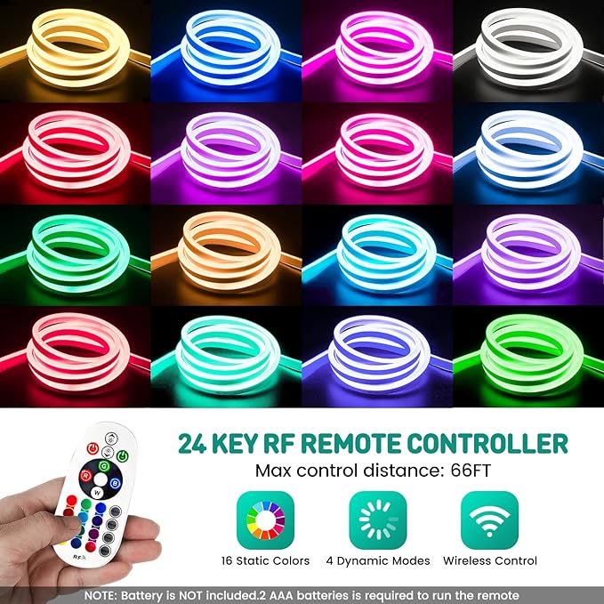 GZBtech RGB LED Neon Rope Lights 82FT/25M, AC 110-120V Waterproof Color Changing LED Rope with Remote Control, Dimmable Multi Color Strip Lighting for Indoor Outdoor Commercial Use, ETL Listed