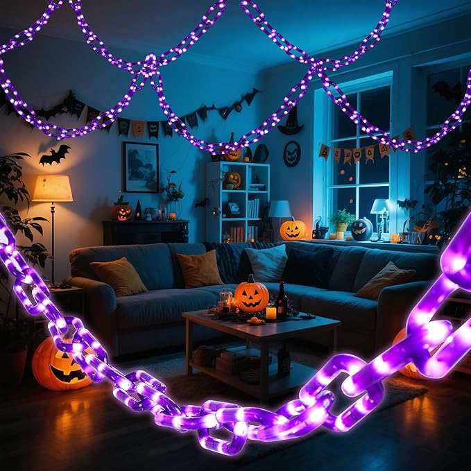 woohaha Halloween Decorations Plastic Chain Lights，10.5FT 175LED Purple Battery/USB Props Chains String Lights,8 Modes and Timer for Outdoor Halloween Party Creepy Cosplay Spooky Ornaments