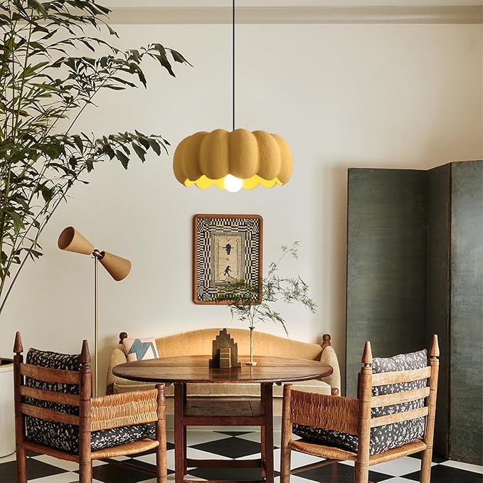JAYMP Yellow Pumpkin Shape Pendant Light for Dining Room Kitchen Island Hallway Farmhouse Style Hanging Lamp E26 Base, 40cm/15.8in