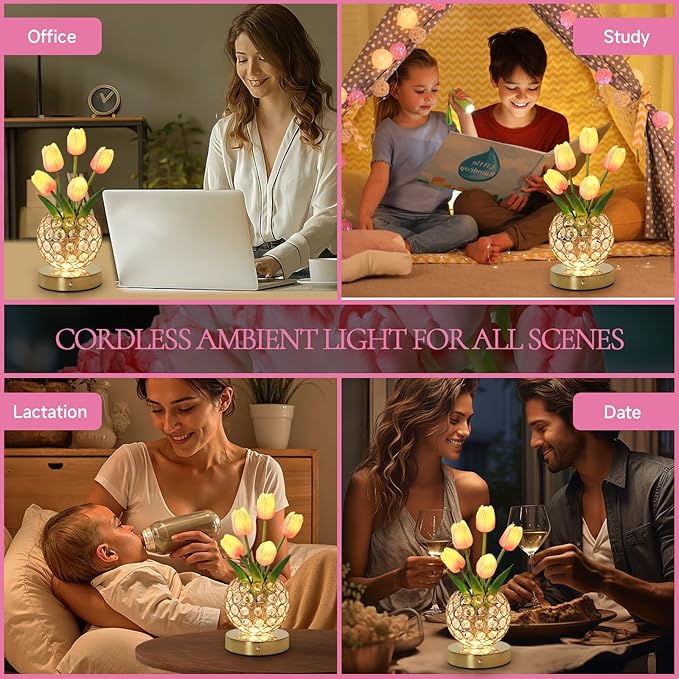 Tulip Table Lamp, Rechargeable Cordless Crystal Night Light, 3 Colors Touch Stepless Dimming Artificial Flower Light, LED Flower Bedside Lamp Romantic Gifts for Girl Women Mom (Tulip2 - Pink)