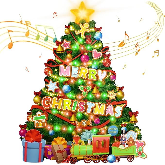 FaCraft Musical Christmas Tree Cards, 10" x 8" Handmade 3D Pop Up Christmas Card, Xmas Decoration, Easy to Stand Up, Lights Blinking Modes, with Envelope, Blank Insert and Seal, for Winter, Holidays