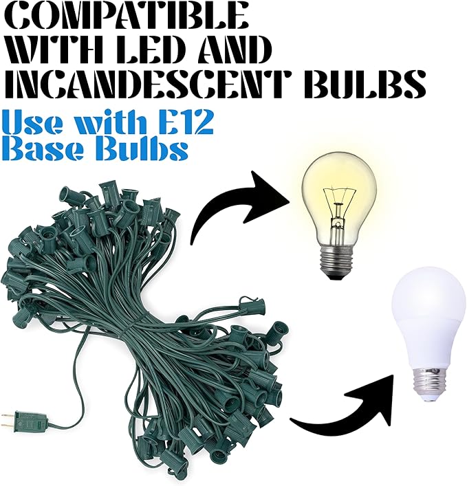 HLO Lighting C7 Light Strings | 100' Green Cord with 12" Socket Spacing, E12 Light Stringer for C7 Christmas Lights