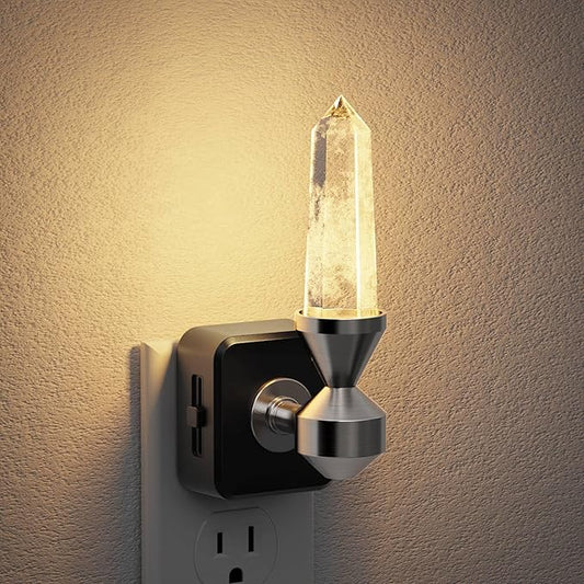 JandCase LED Night Light with Clear Quartz Healing Crystal Tower, Dimmable Night Lights Plug into Wall, Warm Light 3000K, Dusk to Dawn Sensor Nightlights for Home Living Room Bedroom Decor