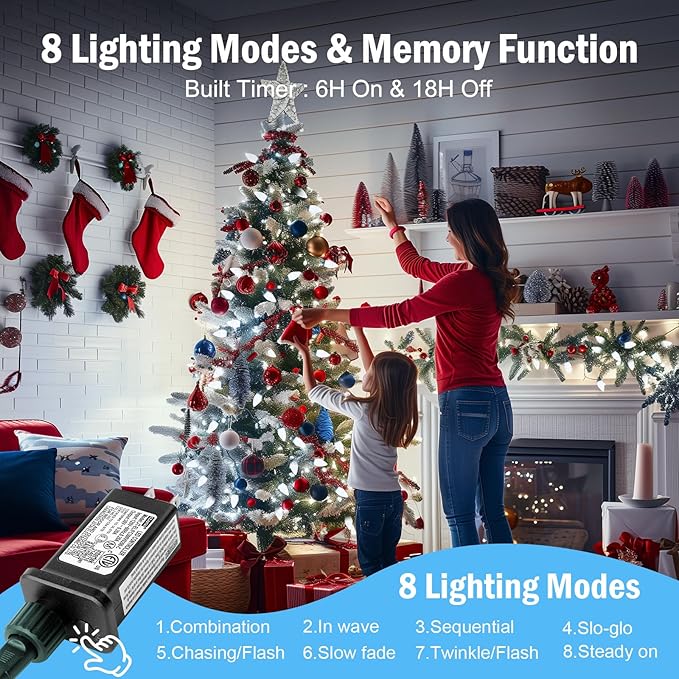 Brightown C9 Christmas Lights Outdoor 2 Pack - Total 162 FT 200 LED C9 String Lights, with Timing & Memory, 8 Modes, Connectable, Waterproof - for Indoor Outside Tree Home Yard Decoration, Cool White