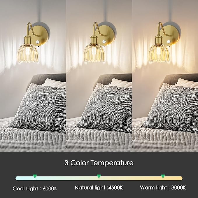 2 Pack Battery Powered Wall Sconce with Amber Tulip Glass Lampshade, Rechargeable Dimmable LED Wall Sconce for Living Room, Hallway, Bedroom, Dining Room