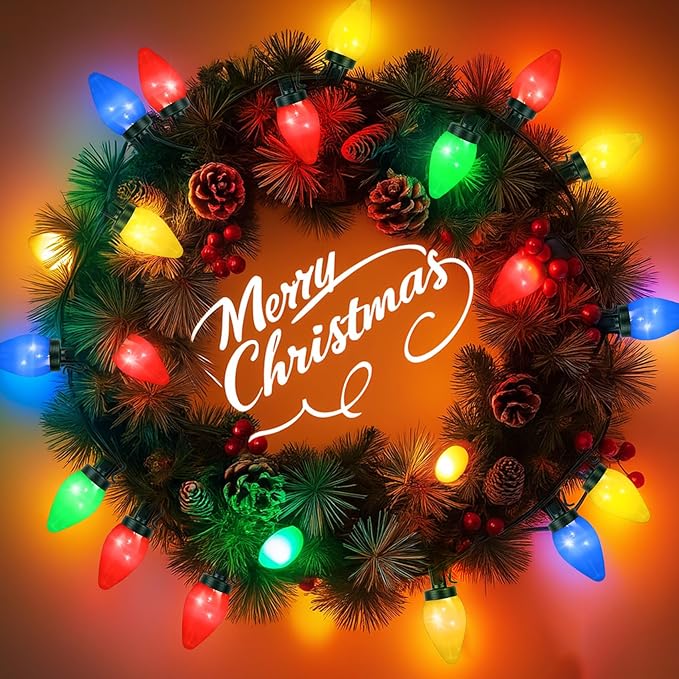 C7 35 LED Battery Operated Christmas Lights,Battery Powered Multicolor Waterproofing Bulbs,13FT 8 Modes with Auto On/Off Time for Xmas Tree Garden Patio Indoor Outdoor Christmas Decorations