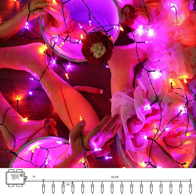 Lomotech Battery Operated Halloween Lights - 2 Pack Total 33ft 100 LED Orange Purple Battery Lights 8 Modes Waterproof with Timer for Home, Garden, Party, Holiday, Tree Decoration (Black Wire)