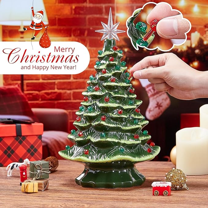Boao 100 Pcs Ceramic Christmas Tree Bulbs with 5 Pcs Star Topper Light Ornaments Round and Heptagram Christmas Replacement Lights Bulbs for Village Xmas Tree Topper Decorations(Red and Green)