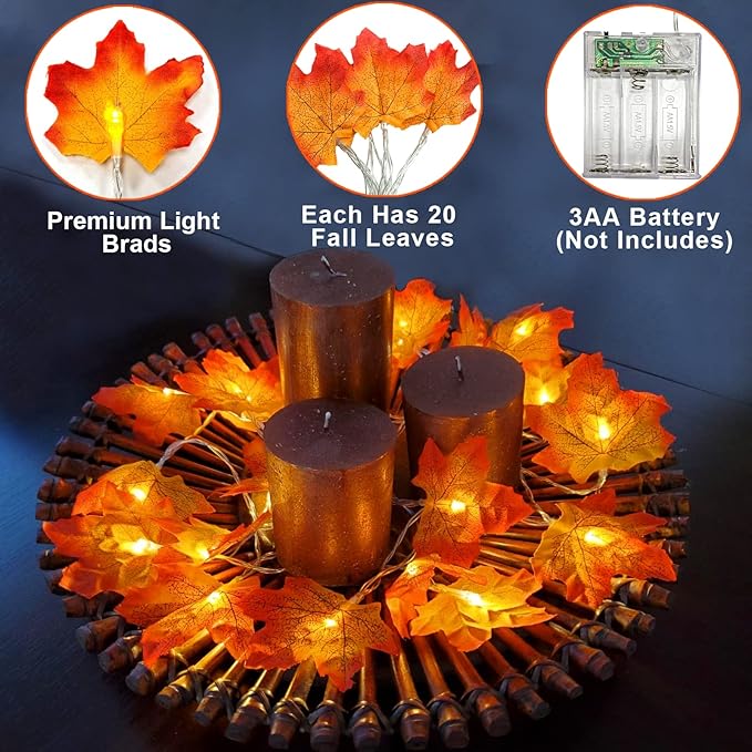 TURNMEON 2 Pack Fall Decor Enlarged Maples Leafed Lights Total 20Ft 40LED Fall Decorations for Home, Battery Operated Autumn Garland Waterproof Indoor Outdoor Holiday Halloween Thanksgiving Decoration