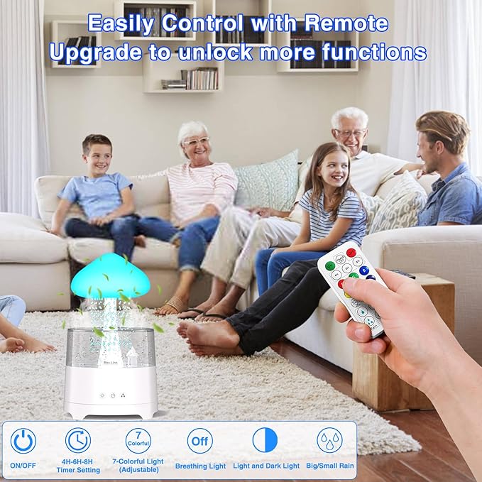 Diffuserlove Rain Diffuser Cloud Humidifier 450ML Diffuser Water Drip Waterfall Lamp Mushroom Humidifier (Size: 6.54''x10.5'')