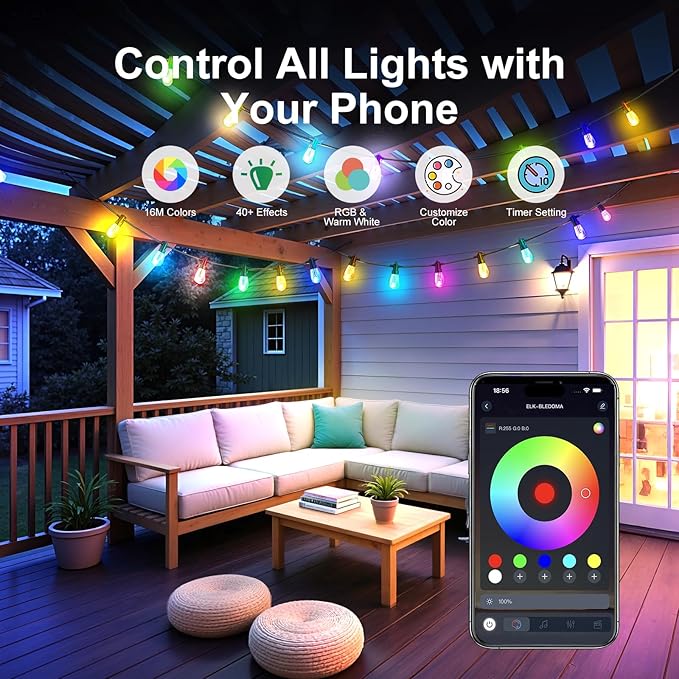 Outdoor String Lights 27ft, Patio Lights with 10 Dimmable LED Bulbs, RGBW & Warm White, IP66 Waterproof, Shatterproof, APP & Remote Control, Color Change, Customizable Colors for Backyard Décor