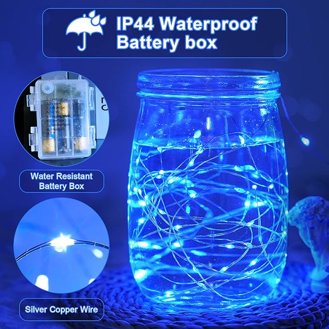 JMEXSUSS 2 Pack Fairy Lights Battery Operated, Total 200 LED 66ft Blue String Lights Waterproof with Remote Timer, Blue Christmas Lights for Bedroom Indoor Outdoor Wedding Party Xmas Tree Decor