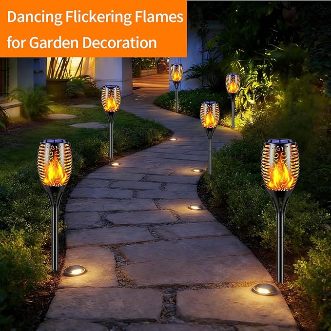 solar outdoor lights, 6Pack Solar Torch Light with Flickering Flame, Garden Lights Waterproof for Halloween Decor, Tiki Torches for Outside, Luces Solares para Exteriores Pathway Yard Garden Decor.