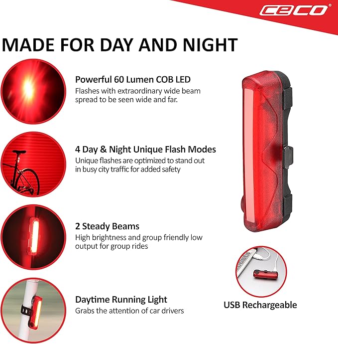 CECO-USA: 60 Lumen USB Rechargeable Bike Tail Light - Super Wide & Bright Model TC60 Bicycle Rear Light - IP67 Waterproof, FL-1 Impact Resistant - COB LED Red Safety Light - Pro Grade Bike Tail Light
