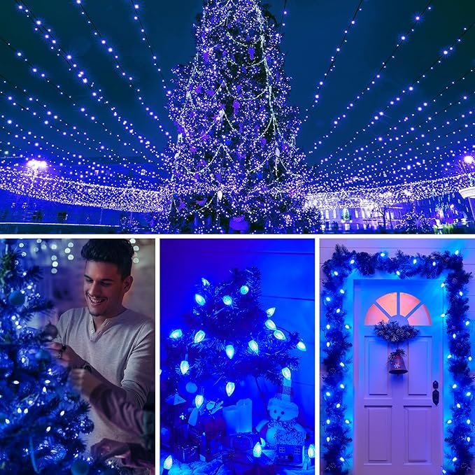 Minetom 25 Pack C7 LED Christmas Lights Bulbs, Shatterproof Replacement for String Lights, E12 Candelabra Base, Commercial Grade Dimmable Holiday Bulbs, Blue