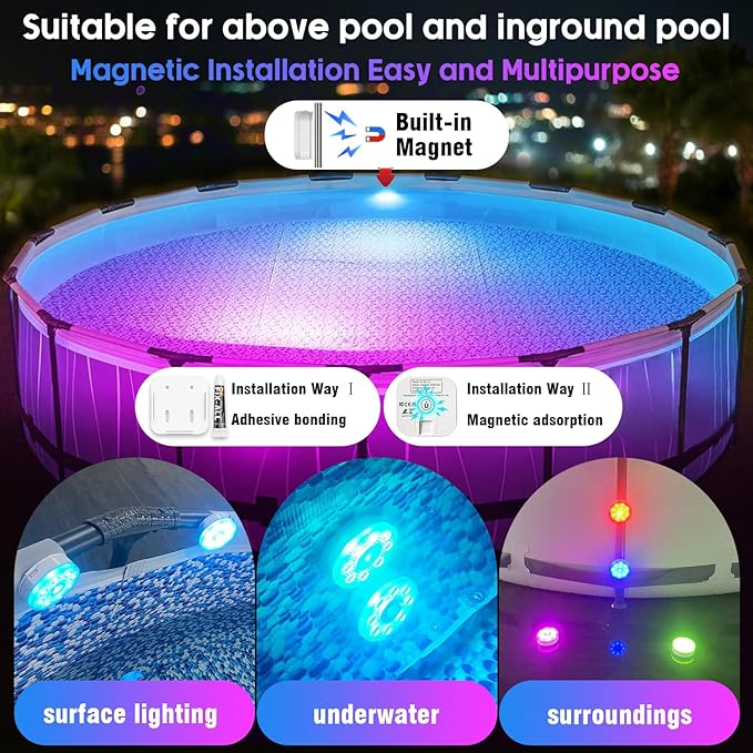 Underwater Pool Lights for Above Ground Pools and Inground Swimming Pools with Remote Timer Off, Magnet RGB Submersible LED Lights Rechargeable Spotlight 16 Colors 9-Mode for Hot Tubs, Fountain -1Pack