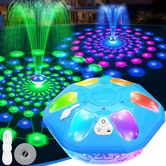 2026 Upgraded Pool Fountain,9000mah Rechargeable Floating Pool Fountain with Light Show,Above Ground Pool Water Fountain Pump with Anchor,Large Floting Fountain for Inground Pool-1PC（Light Blue