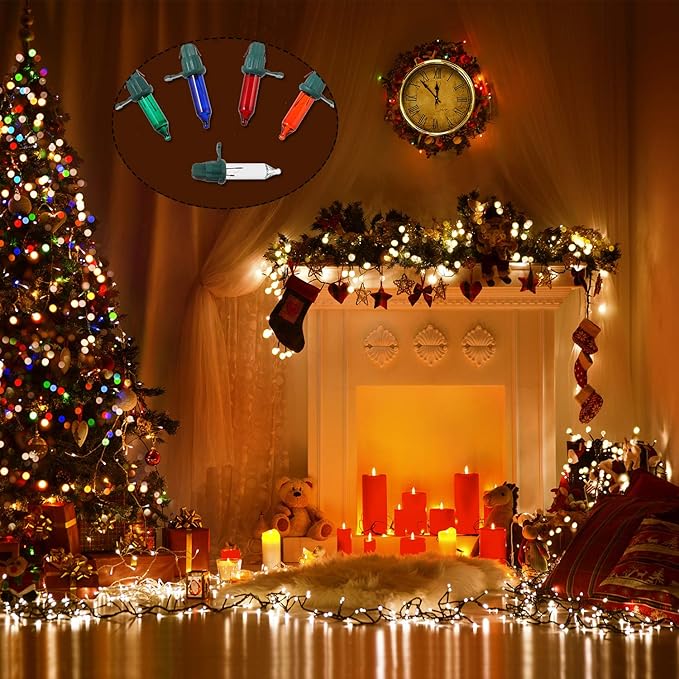Mudder 60 Count Replacement Christmas Tree Light Bulbs 2.5v 0.425 Watt Replacement Bulb Mini Incandescent Wire String Lights Decoration for Prelit Xmas Tree(Green Base with Colorful Bulb)