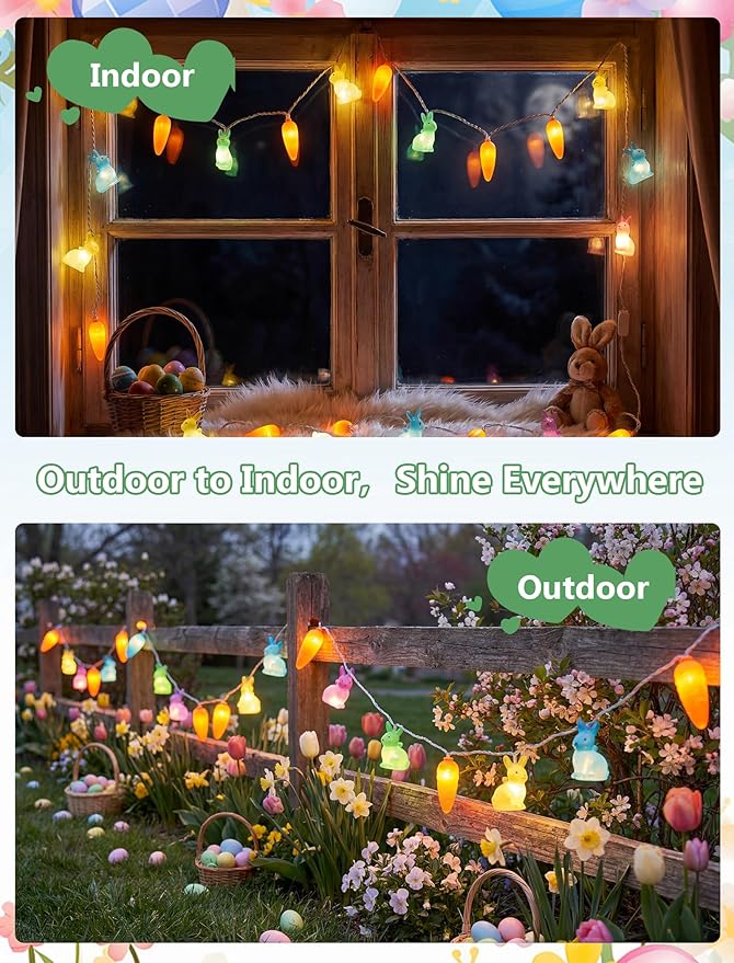 Easter Bunny Carrot String Lights, 8.5ft 10 Count Connectable Plug in Rabbit Light, UL Certified Multicolor Decor for Kids Bedroom Easter Tree Window Spring Holiday