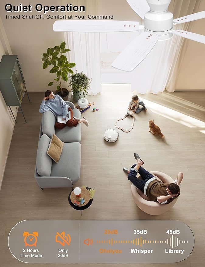 Ohniyou Ceiling Fans with Lights, 52'' Low Profile Ceiling Fan with Light and Remote/APP Control, Modern Flush Mount Ceiling Fan for Indoor Bedroom Living Room, Dimmable, Qiuet DC Motor, White