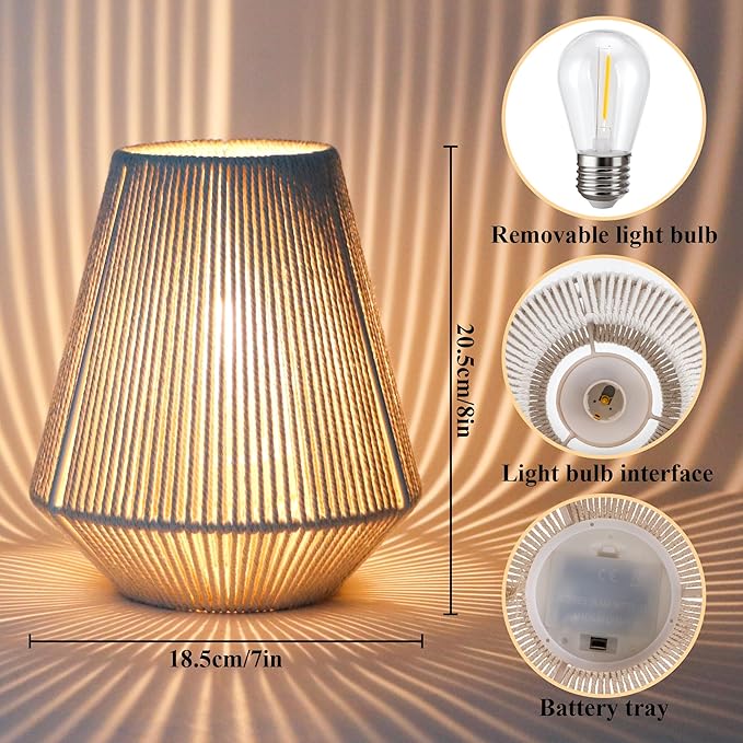 JHY DESIGN Woven Lampshade Table Lamp 8"H Cotton Rope Bedside Lamp Cordless Small Battery Operated Lamp Decorative Bedside Lamp with 6 Hours Timer for Bedroom Living Room Weddings Parties Patio Events