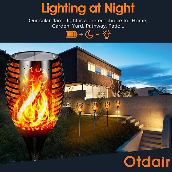 Otdair 96 LED Solar Lights Outdoor Upgraded 4 Pack, 2200mAh Solar Tiki Torches with Flickering Flame, Waterproof 43" Tall & Super Larger Size Solar Torch Light for Garden, Yard, Patio, Decorations