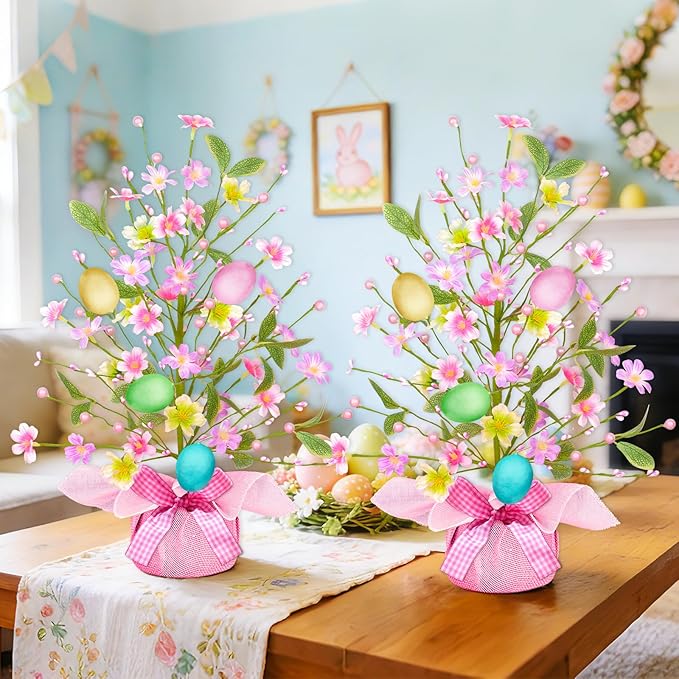 2 Pack & Timer - Easter Decorations, 21 Inch Easter Tree Tabletop with 20 Warm White Lights Battery Operated Large Colorful Eggs Colorful Berries Artificial Tree Easter Decor Spring Home Party