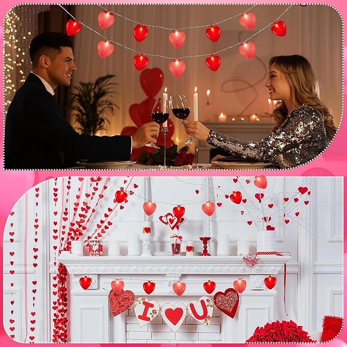 8.5Ft Valentine Red Pink Heart String Lights with 10 Red Pink 3D Heart Fairy Lights, Romantic Valentines Day Decorations Heart Lights for Mother's Day, Wedding,Anniversary Party Decoration
