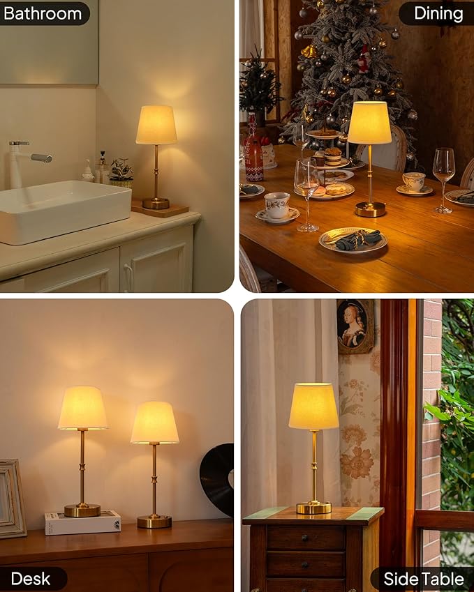 EppieBasic Cordless Table Lamp Rechargeable: Fast Charging & Long Lasting - 2700K Warm Light Vintage Gold Lamps - Dinning Living Room Bedroom - Beige Shade