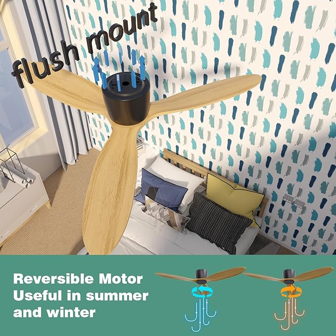 Flush Mount Ceiling Fan no light with Remote, 52 inch Low Profile Wood Ceiling Fan without light for Outdoor, Bedroom, Natural Wood and matte Black, DC Motor, 6 Speed