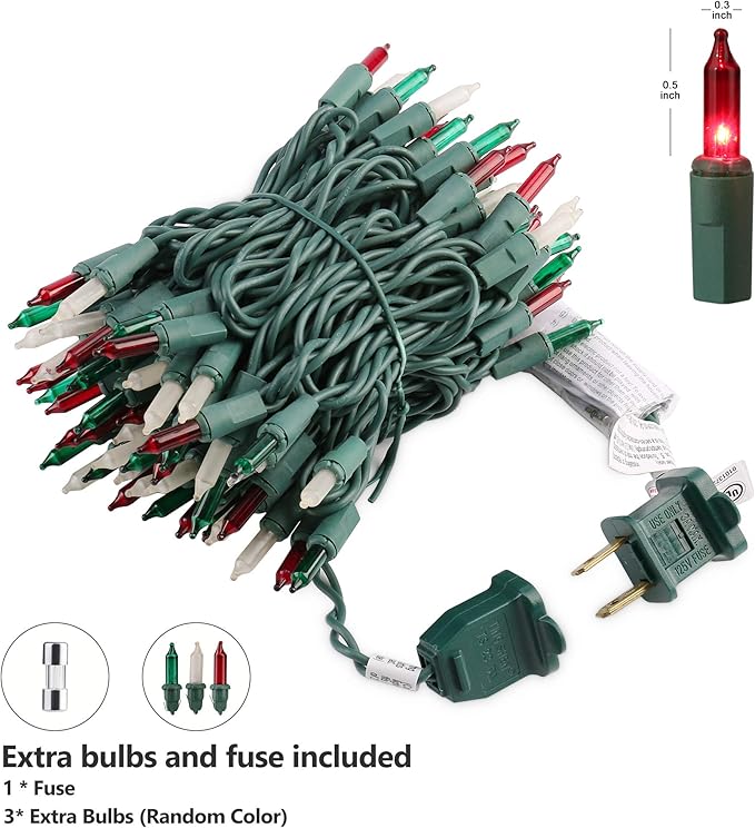 Christmas String Lights - 24ft 100 Incandescent Multi Color Mini Bulbs Lights,Green&White&Red Lighting Decor for Outdoor&Indoor Use, Fairy Garden, Yard, Home, Party, Holiday, Halloween Decoration
