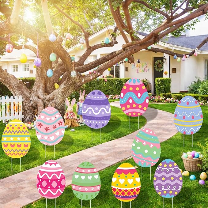 Large Easter Yard Signs 10pcs with Stakes Colorful Eggs Decorations Outdoor Holiday Welcome Signs for Happy Easter Themed Festival Party Supplies, Lawn, Garden Yard Decor