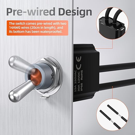 DaierTek Toggle Switch 12V - IP68 Waterproof Pre-Wired SPST ON-Off Switch, Heavy Duty 12V DC 30A / 125V AC 20A Latching Rocker Switch, Fit for Car, Boat, and Marine Applications -2 Pack