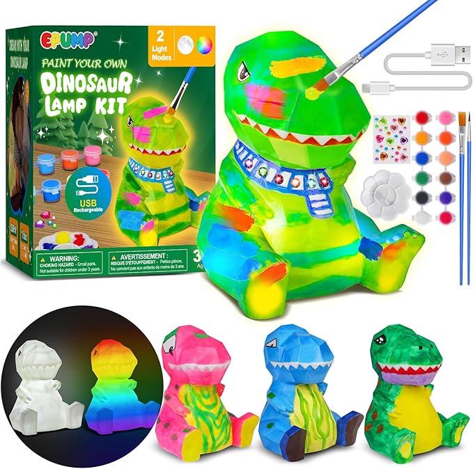 EPUMP Paint Your Own Rechargeable Easter Gifts Dinosaur Lamp Kit with 8 Color Modes - Arts and Crafts for Kids Age 4-8, Art Supplies Birthday Gifts Creative Activities Toys for Boys Girls Ages 3-12