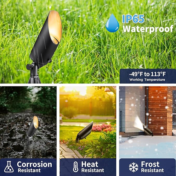 Gardenreet Die-Cast Brass Spot Light Outdoor - 12V Uplighting Waterproof, LED Low Voltage Landscape Lights Metal, Black for Fence Fountain with Bright White MR16 Replaceable Bulbs (12 Pack)