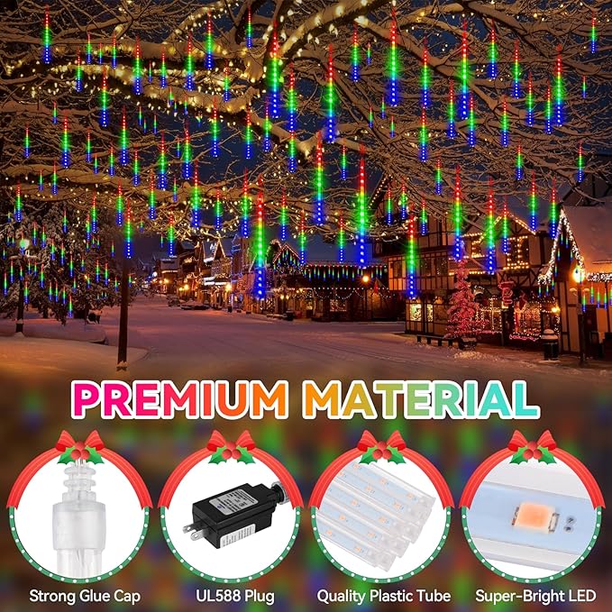 KNONEW 2Pack Total 48 Tube Meteor Shower Lights,15 in 672 LEDs Christmas Lights Outdoor Waterproof Plug in Falling Rain Light for Xmas Tree Wedding Party Garden Holiday Decorations (Multicolor)