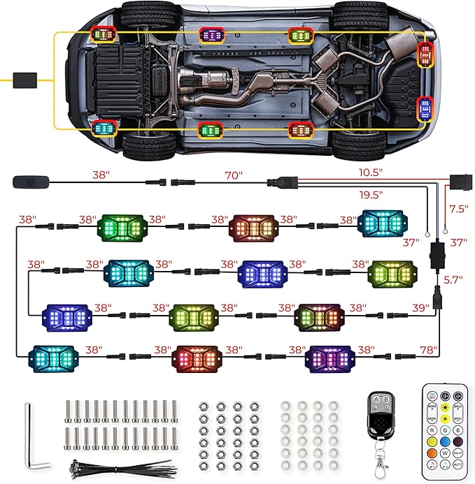 12 Pods Full Angle RGB Rock Lights Compatible with 12V Trucks Jeep UTV SUV ATV Boat Golf Cart, Waterproof Multi-Color, App/Remote Control Led Rock Lights with Music Mode