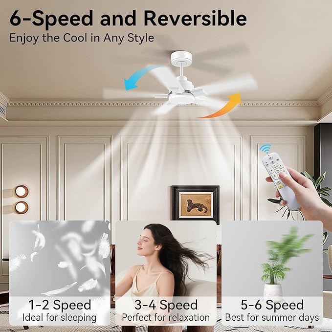 42 Inch Ceiling Fans with Lights,Smart Ceiling Fan with Light and Remote Control,Alexa,APP,White Indoor Outdoor Ceiling Fans for Bedroom,Living Room,Patio,5 Blades,Dimmable LED,6 Speed,Quiet DC Motor
