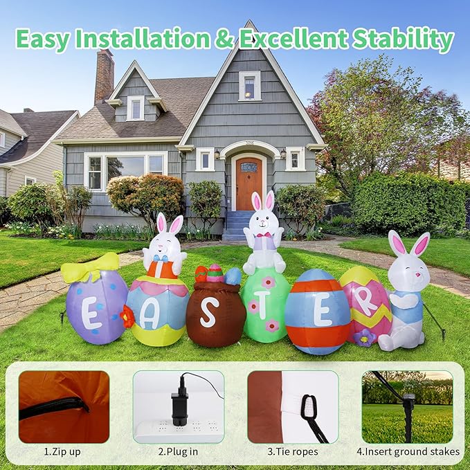 10FT Easter Inflatables Outdoor Decorations, Large Easter Blow Up Bunny & Eggs Built-in 9 Bright LED Lights, Cute Spring Inflatable Decor for Yard Garden Lawn Holiday Party