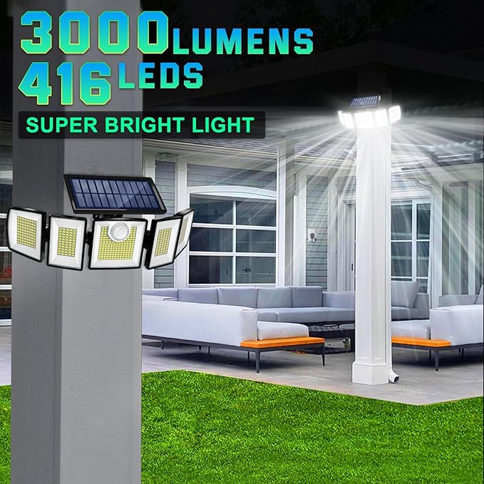 Solar Lights Outdoor Waterproof Motion Sensor - 416 LEDs 3000 Lumens Super Bright 3 Brightness 3 Modes 2400mAh 360° Illumination 32ft Solar Flood Security Light for Outside (‎With Remote Control, 2)