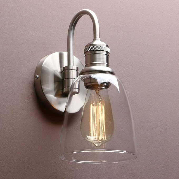 Yosoan 1-Light Brass Modern Vintage Indoor Wall Sconce, Vanity Single Luxury Hardwired Retro Textured Clear Oval Cone Glass Shade with Industrial Gooseneck Curved Rod Bathroom Lamp(Brushed)