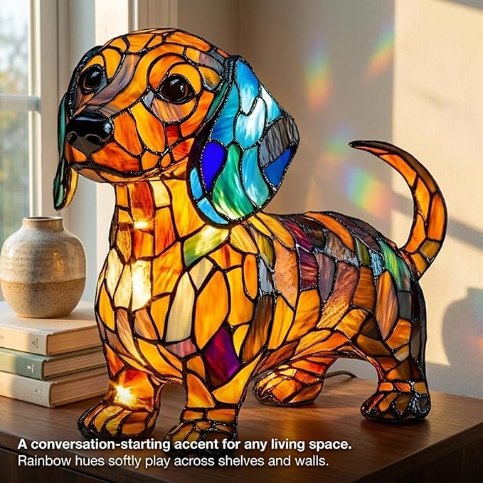 Rainbow Puppy Lamp Stained Glass Dog Night Light 3D Retro Stained Resin Rainbow Pup Lights Charge Powered Table Lamp Puppy Glow Lamps for Home Bedroom Desk (Dog-B)