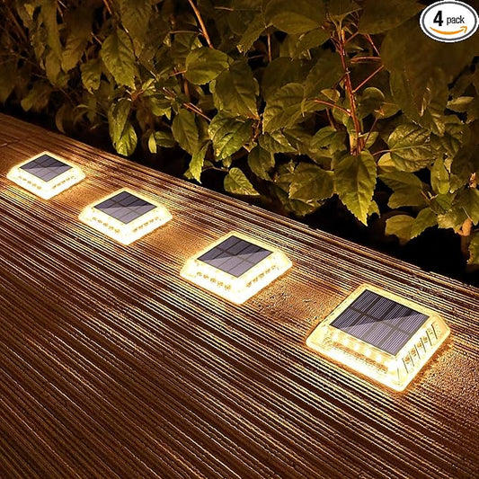 Lacasa Solar Deck Lights, 4 Pack 30LM LED Dock Light Warm White 2700K, Outdoor Solar Powered Step Light Up All Night IP68 Waterproof Auto ON/Off for Garden Stairs Driveway Pathway