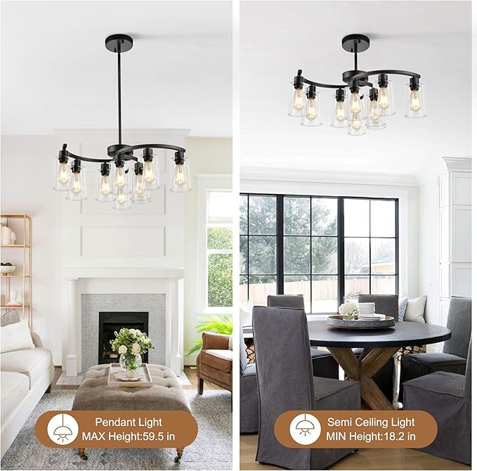 9-Light Modern Farmhouse Chandelier，29.5" Black Dining Room Light Fixture，Industrial Pendant Lights Kitchen Island,Metal Bracket with Downward Clear Glass Shade